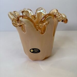 Vintage White Cristal Hand-Blown Murano Style Vase Amber Gold Italian Art Glass